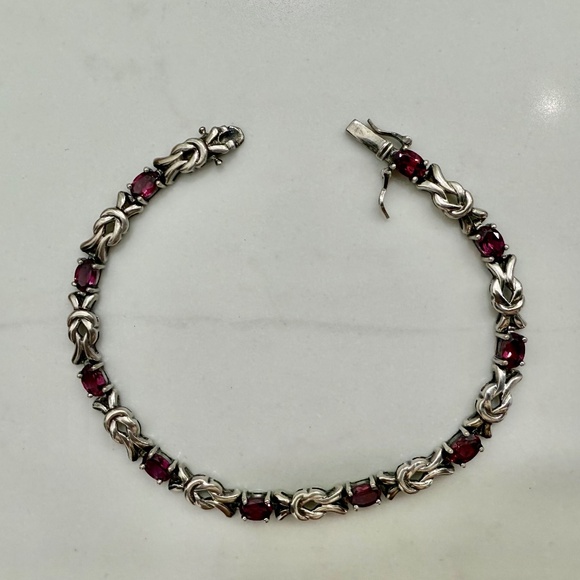 red faceted garnet sterling silver link bracelet vintage signed - Picture 2 of 10